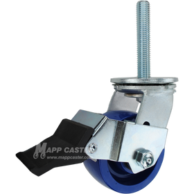 4 x 2 solid polyurethane swivel caster with face contact brake and 3/4-10 x 4 threaded stem for floor-safe, washdown industrial applications.