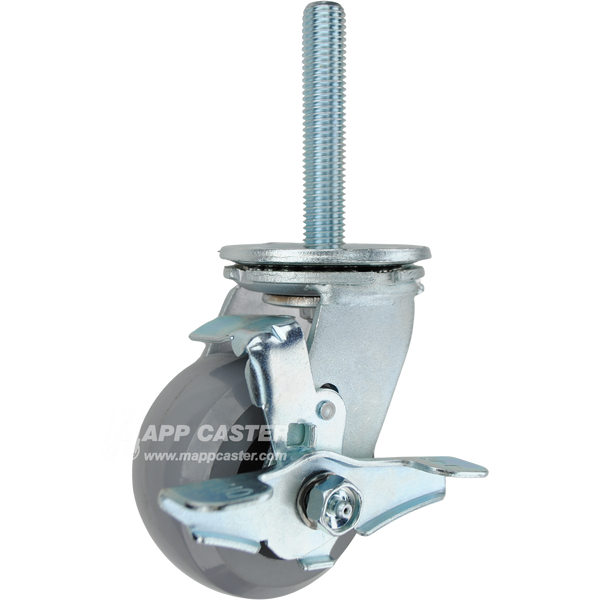 4 x 2 solid polyurethane elastomer swivel caster with top lock brake and 3/4-10 x 4 threaded stem for quiet, floor-safe heavy-duty use.