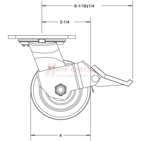 4" x 2" Ductile Steel Wheel Swivel Caster with Face Contact Brake - 1,250 Lbs Capacity