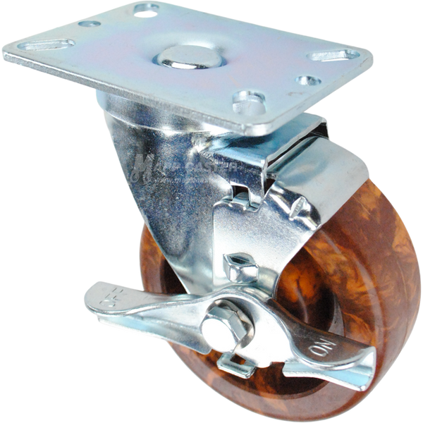 Brown & orange High Temp Epoxy swivel Brake Caster with large sized plate, silver finish steel rig. 