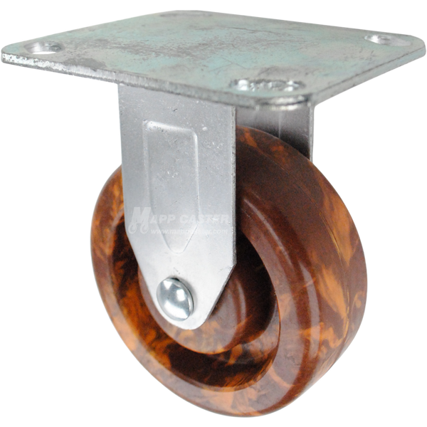 Brown, orange & yellow-ish High Temp Epoxy Rigid Caster with large sized plate, silver finish steel rig. 