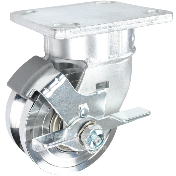 4" x 2" Forged Steel V-Groove Wheel Kingpinless Swivel Brake Caster  - 2000 Lbs Capacity SIDE VIEW