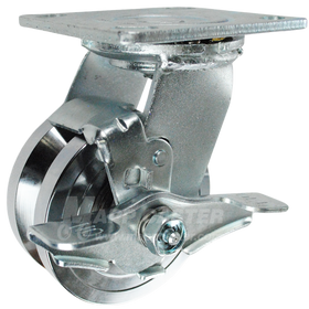 4" x 2" Forged Steel V-Groove Wheel Swivel Brake Caster - 1250 Lbs  Capacity Kingpin