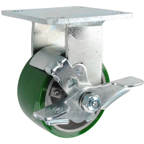 4" x 2" Green Polyurethane on Aluminum Wheel Rigid Brake Caster - 800 Lbs Capacity