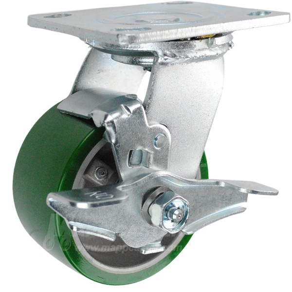 4" x 2" Green Polyurethane on Aluminum Wheel Swivel Brake Caster - 800 Lbs Capacity 146UARB420S VIEW 