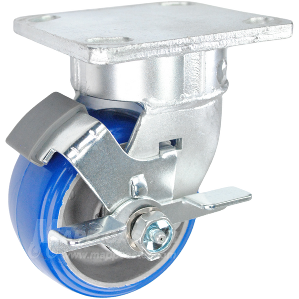 SIDE VIEW 4" x 2" Polyurethane on Aluminum Wheel Kingpinless Swivel Brake Caster - 750 Lbs Capacity