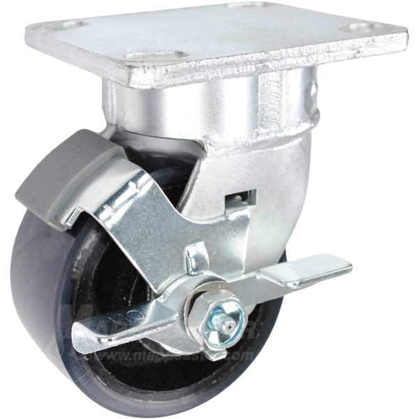 4" x 2" Polyurethane on Iron Wheel Kingpinless Swivel Brake Caster - 800 Lbs Capacity SIDE VIEW 