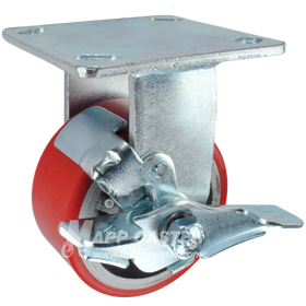 4" x 2" Red Polyurethane on Iron Wheel KPL Rigid Brake Caster - 800 Lbs Capacity SIDE VIEW 