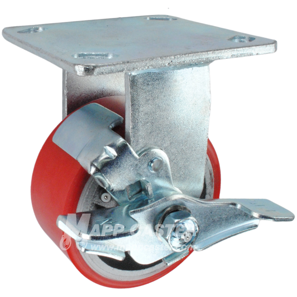 4" x 2" Red Polyurethane on Iron Wheel KPL Rigid Brake Caster - 800 Lbs Capacity SIDE VIEW 