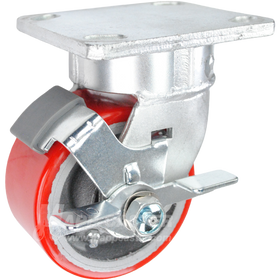 4" x 2" Red Polyurethane on Iron Wheel Kingpinless Swivel Brake Caster - 800 Lbs Capacity SIDE VIEW 