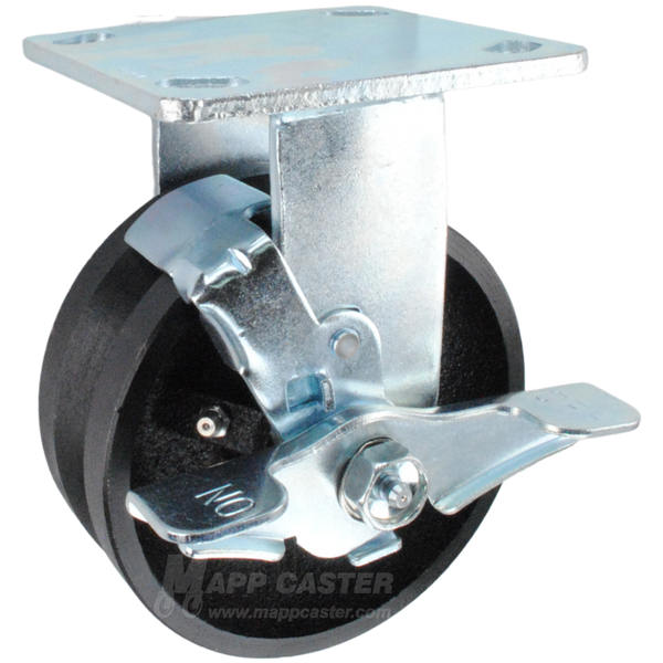 5" x 2" Cast Iron V-Groove Wheel Kingpinless Rigid Brake Caster - 900 Lbs Capacity Part # P50052VIRBTLB