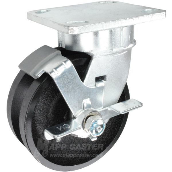 5" x 2" Cast Iron V-Groove Wheel Kingpinless Swivel Brake Caster - 900 Lbs Capacity Part # P51052VIRBTLB