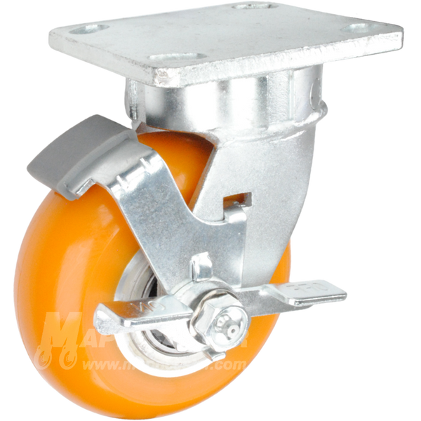 5" x 2" Orange Poly on Aluminum Wheel Kingpinless Swivel Brake Caster - 900 Lbs Capacity Part # P51052UXBBTLB