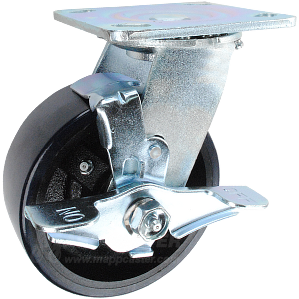 5" x 2" Polyurethane on Iron Wheel Swivel Brake Caster - 1,250 Lbs Capacity 146UIRB520SB 