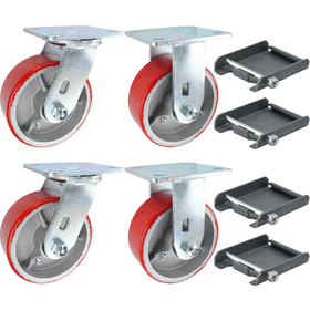 5" x 2" Red Polyurethane on Iron Wheel Caster Dumpster Kit with Caster Pads