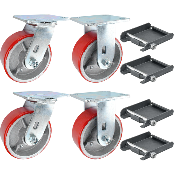 5" x 2" Red Polyurethane on Iron Wheel Caster Dumpster Kit with Caster Pads