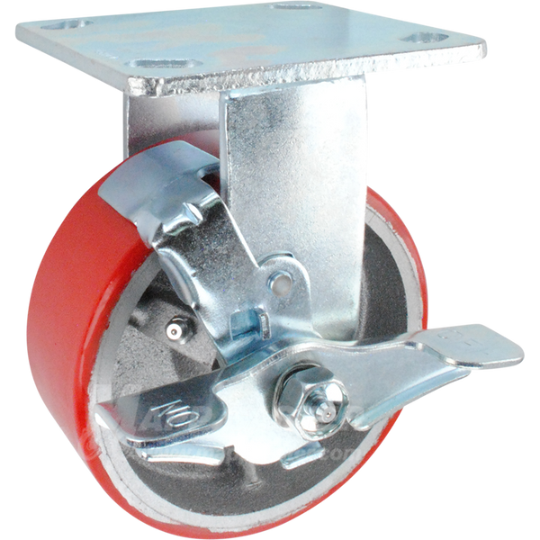 5" x 2" Red Polyurethane on Iron Wheel Kingpinless Rigid Brake Caster - 1,100 Lbs Capacity Part # P50052PURBTLB