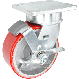 5" x 2" Red Polyurethane on Iron Wheel Kingpinless Swivel Brake Caster - 1,100 Lbs Capacity Part # P51052PURBTLB