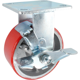 5" x 2" Red Polyurethane on Iron Wheel Rigid Brake Caster - 1,100 Lbs Capacity 146PURB520RB