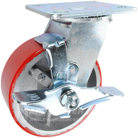 5" x 2" Red Polyurethane on Iron Wheel Swivel Brake Caster - 1,100 Lbs Capacity 146PURB520SB