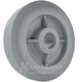 6 inch by 1-1/2 inchGrey Treaded Thermoplastic Rubber Wheel with 4 spoke grey plastic core wheel, 1-3/16" plain bore