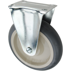 Grey crowned thermoplastic rubber wheel plate caster. Offers excellent resistance to chemicals, cleaning solutions & water while being floor protective.
