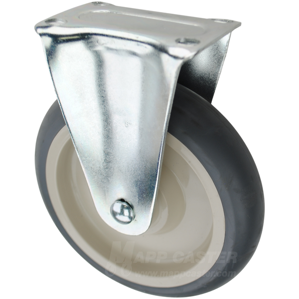 Grey crowned thermoplastic rubber wheel plate caster. Offers excellent resistance to chemicals, cleaning solutions & water while being floor protective.
