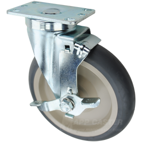 Grey crowned thermoplastic rubber TPR wheel plate caster. Offers excellent resistance to chemicals, cleaning solutions & water while being floor protective.
