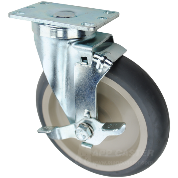 Grey crowned thermoplastic rubber TPR wheel plate caster. Offers excellent resistance to chemicals, cleaning solutions & water while being floor protective.

