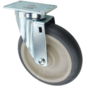 Grey crowned thermoplastic rubber TPR wheel plate caster. Offers excellent resistance to water, chemicals, cleaning solutions while being floor protective.
