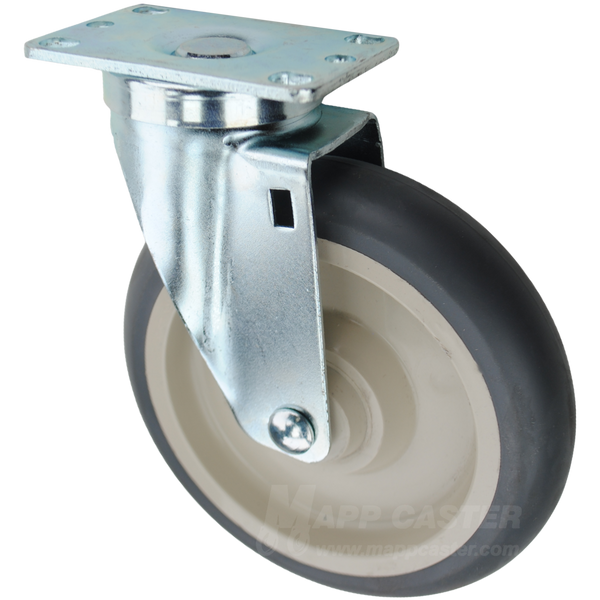 Grey crowned thermoplastic rubber TPR wheel plate caster. Offers excellent resistance to water, chemicals, cleaning solutions while being floor protective.