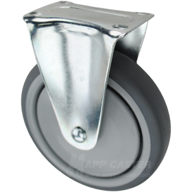 Grey thermoplastic rubber TPR wheel plate caster. Silver zinc plated rigid rig with side locking brake.
