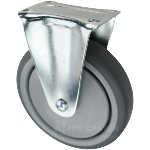 Grey thermoplastic rubber TPR wheel plate caster. Silver zinc plated rigid rig with side locking brake.
