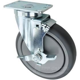 Grey thermoplastic rubber TPR wheel plate caster. Silver zinc plated swivel rig with side locking brake. 
