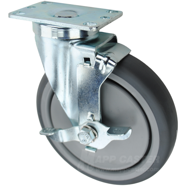 Grey thermoplastic rubber TPR wheel plate caster. Silver zinc plated swivel rig with side locking brake. 
