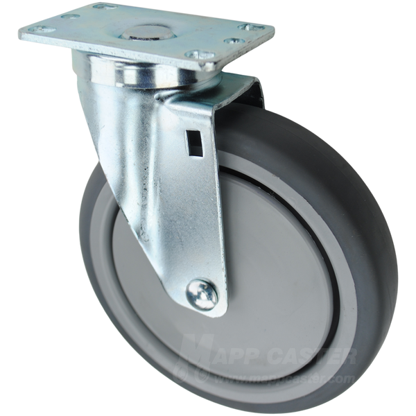 Grey thermoplastic rubber TPR wheel plate caster. Offers excellent resistance to water, chemicals, cleaning solutions while being floor protective.