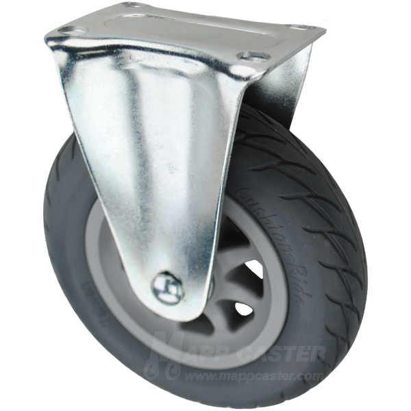 Grey cushioned thermoplastic rubber wheel with black ball bearing. Bright zinc silver rigid rig. Great for off-road uses like gravel & compacted dirt.
