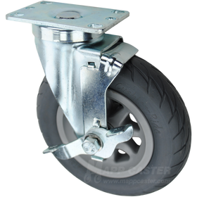 Grey cushioned thermoplastic rubber wheel with black ball bearing. Bright zinc silver swivel brake rig. Great for off-road uses like gravel & compacted dirt.
