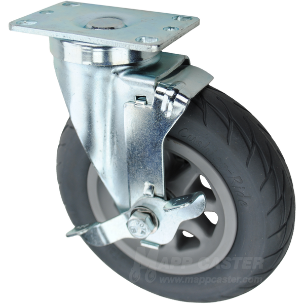 Grey cushioned thermoplastic rubber wheel with black ball bearing. Bright zinc silver swivel brake rig. Great for off-road uses like gravel & compacted dirt.
