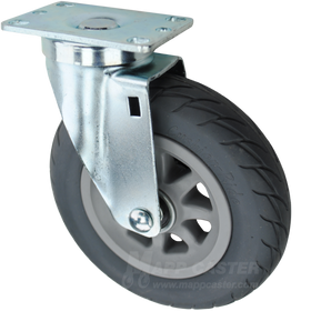 Grey cushioned thermoplastic rubber wheel with black ball bearing. Bright zinc silver swivel rig. Great for off-road uses like gravel & compacted dirt.