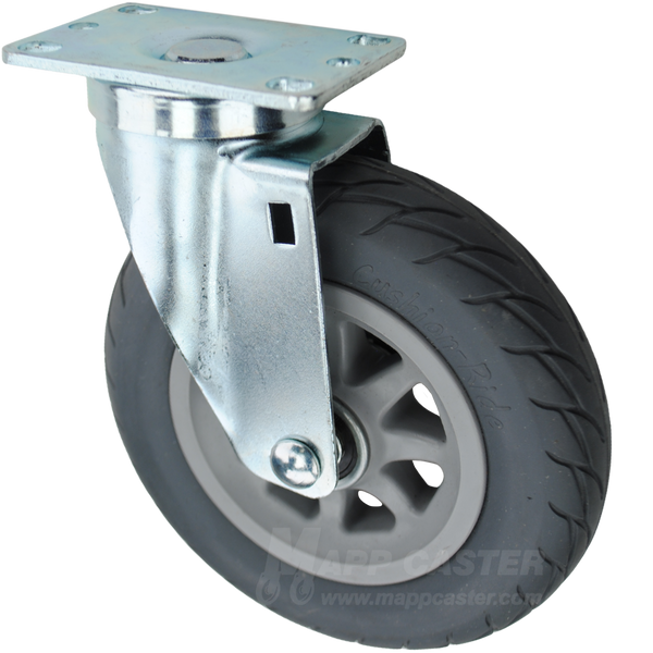Grey cushioned thermoplastic rubber wheel with black ball bearing. Bright zinc silver swivel rig. Great for off-road uses like gravel & compacted dirt.