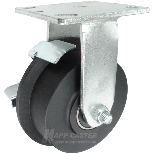 6" x 1-25/32" Nylon Flanged Wheel Kingpinless Rigid Brake Caster - 2,000 Lbs Capacity Heavy Duty