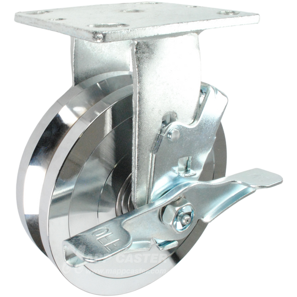 6" x 1-3/4" Forged Steel V-Groove Wheel Kingpinless Rigid Brake Caster - 2,000 Lbs Capacity Part # P50062FVGTLB