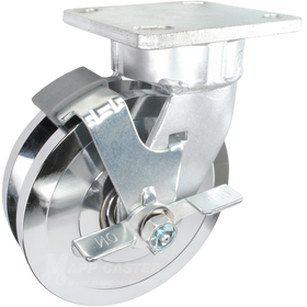6" x 1-3/4" Forged Steel V-Groove Wheel Kingpinless Swivel Brake Caster - 2,000 Lbs Capacity Part # P51062FVGTLB