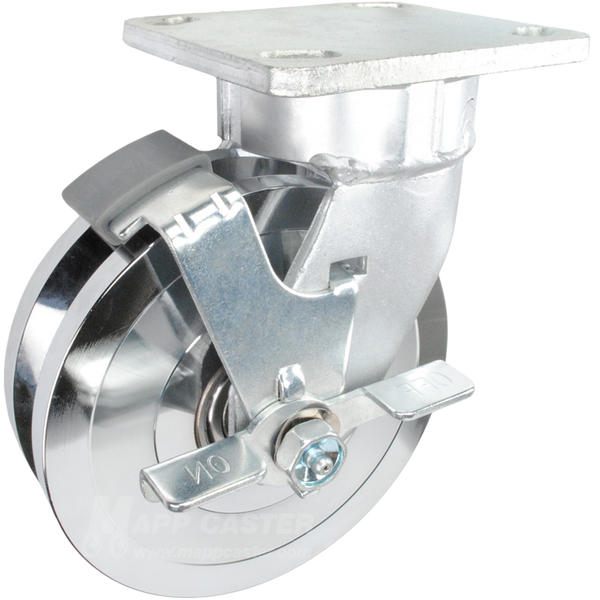 6" x 1-3/4" Forged Steel V-Groove Wheel Kingpinless Swivel Brake Caster - 2,000 Lbs Capacity Part # P51062FVGTLB