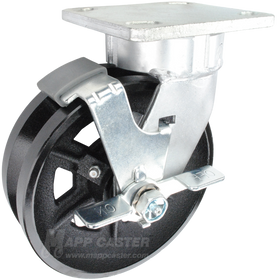 6" x 2" Cast Iron V-Groove Wheel Kingpinless Swivel Brake Caster - 1,000 Lbs Capacity Part # P51062VIRBTLB