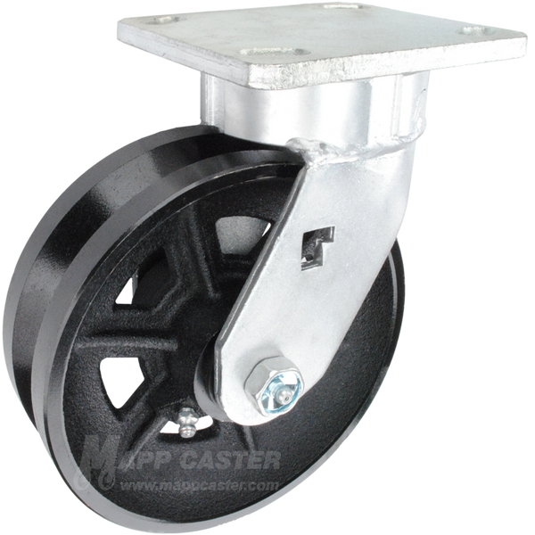 6" x 2" Cast Iron V-Groove Wheel Kingpinless Swivel Caster - 1,000 Lbs Capacity Heavy Duty