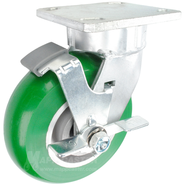 6" x 2" Green Crowned Poly on Aluminum Wheel Kingpinless Swivel Brake Caster - 1,250 Lbs Capacity Part # P51062PPMTLB