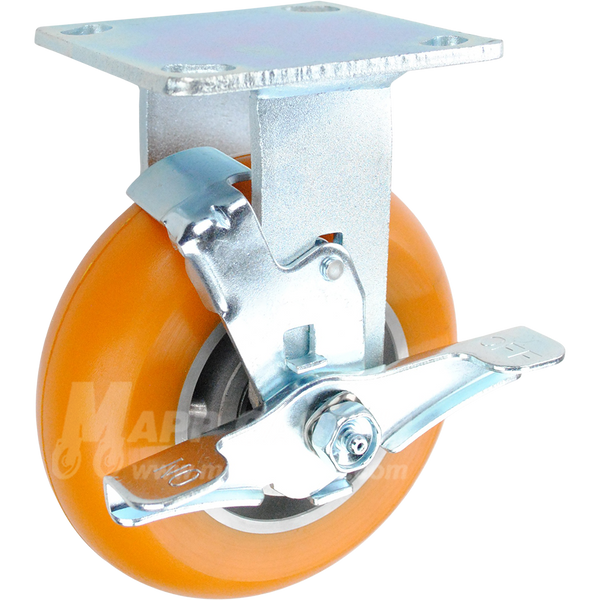 6" x 2" Orange Poly on Aluminum Wheel Kingpinless Rigid Brake Caster - 1,000 Lbs Capacity Part # P50062UXBBTLB