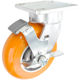 6" x 2" Orange Poly on Aluminum Wheel Kingpinless Swivel Brake Caster - 1,000 Lbs Capacity Part # P51062UXBBTLB